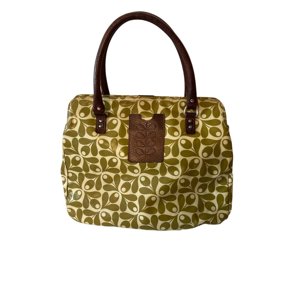 Orla Kiely London Coated Canvas Shoulder Top Handle Bag Green Stem Brown